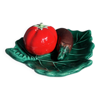 Vintage salt and pepper shaker colorful hand painted slip - Vegetables and leaf holder