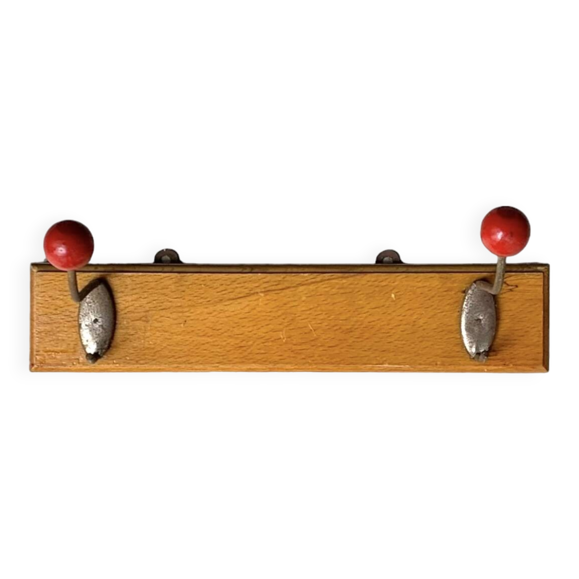 Vintage wall coat rack - double hook - red wooden balls