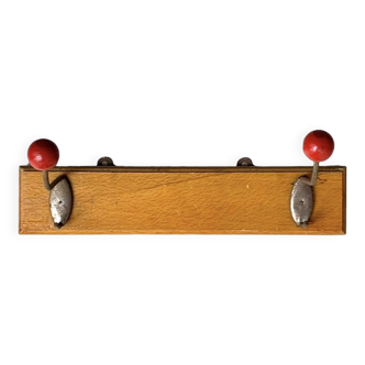 Vintage wall coat rack - double hook - red wooden balls