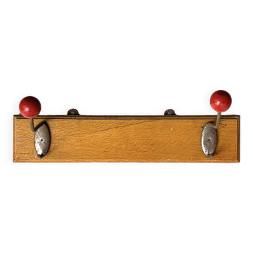 Portemanteau mural  vintage - double patère - boules rouges en bois
