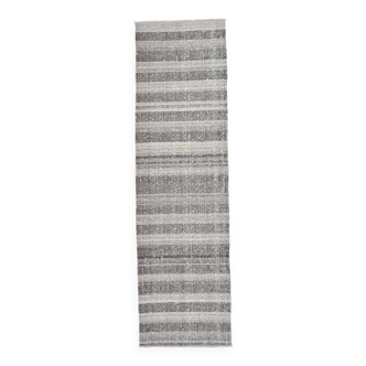 Tapis de couloir en laine marron crème, kilim 71x246 cm