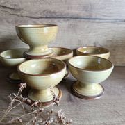 6 footed bowls in glazed honey stoneware, Atelier Saint Simon, vintage