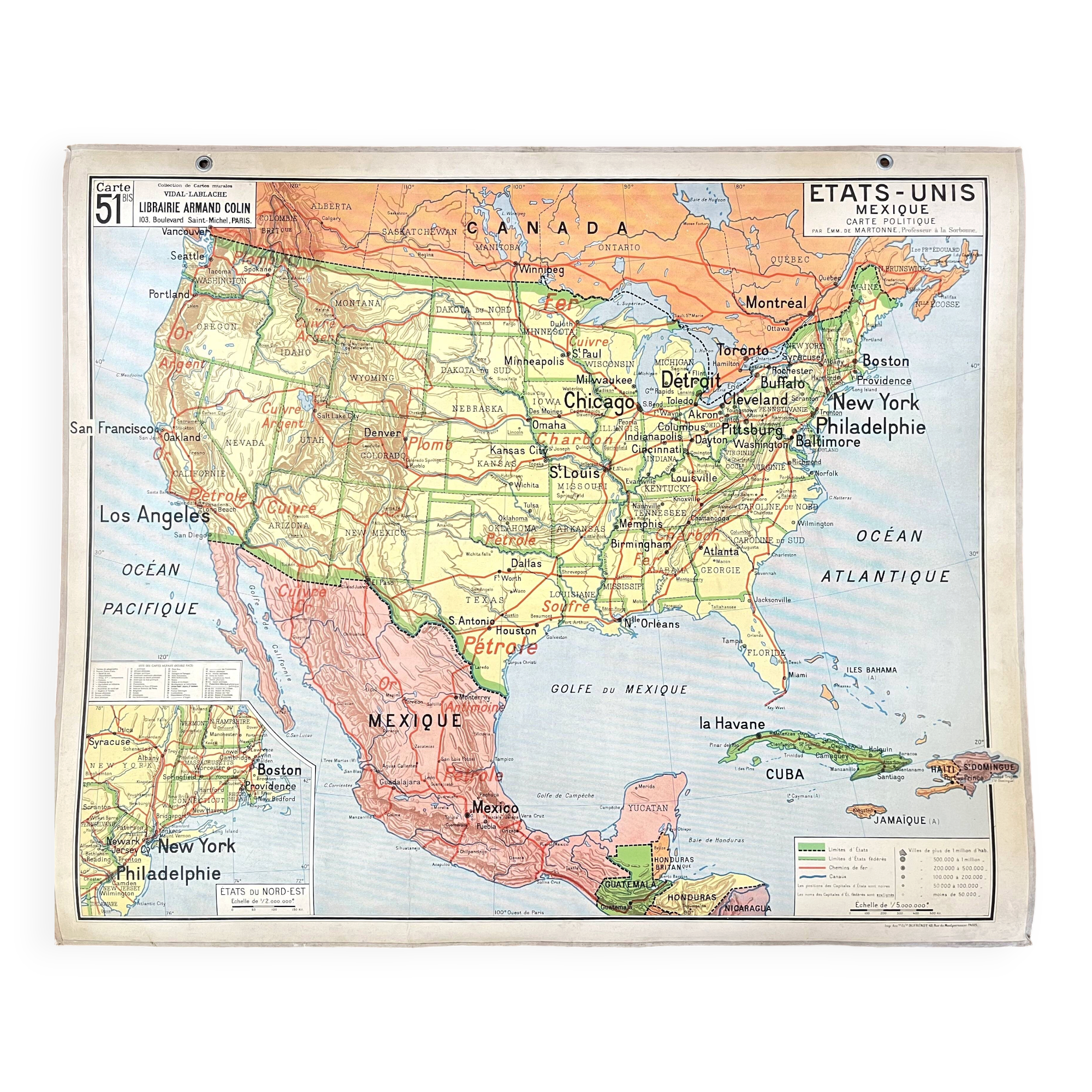 🌍 Old school map Vidal-Lablache 51, 1940 - United States, Mexico
