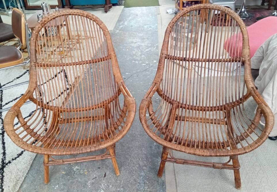 Pair of high-back rattan armchairs
