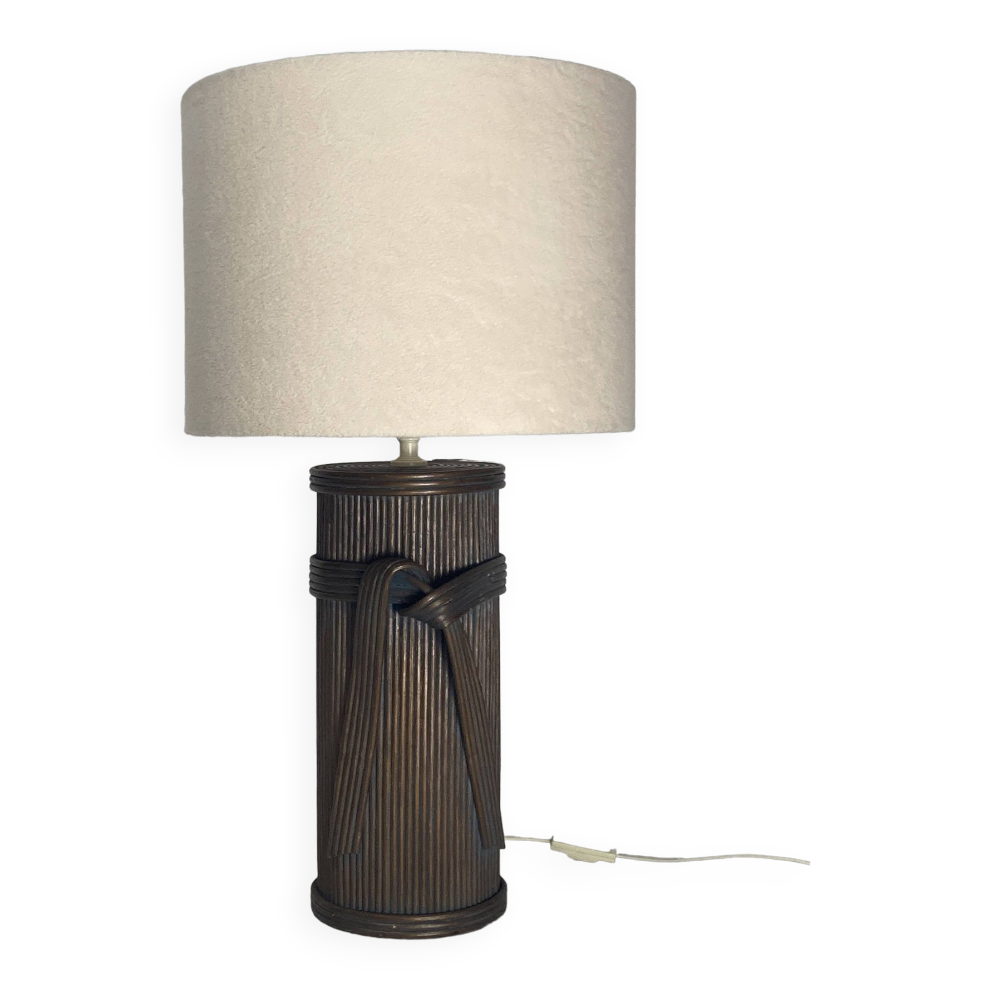Grande lampe de table pilier en bambou et rotin en roseau, abat-jour bouclé, Italie années 1970