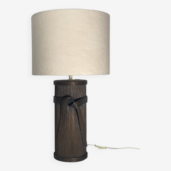 Large pencil reed rattan bamboo pillar table lamp, bouclé shade, Italy 1970s