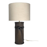 Grande lampe de table pilier en bambou et rotin en roseau, abat-jour bouclé, Italie années 1970
