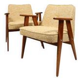 Vintage armchair oak wood yellow melange 1962 design by Chierowski renovated