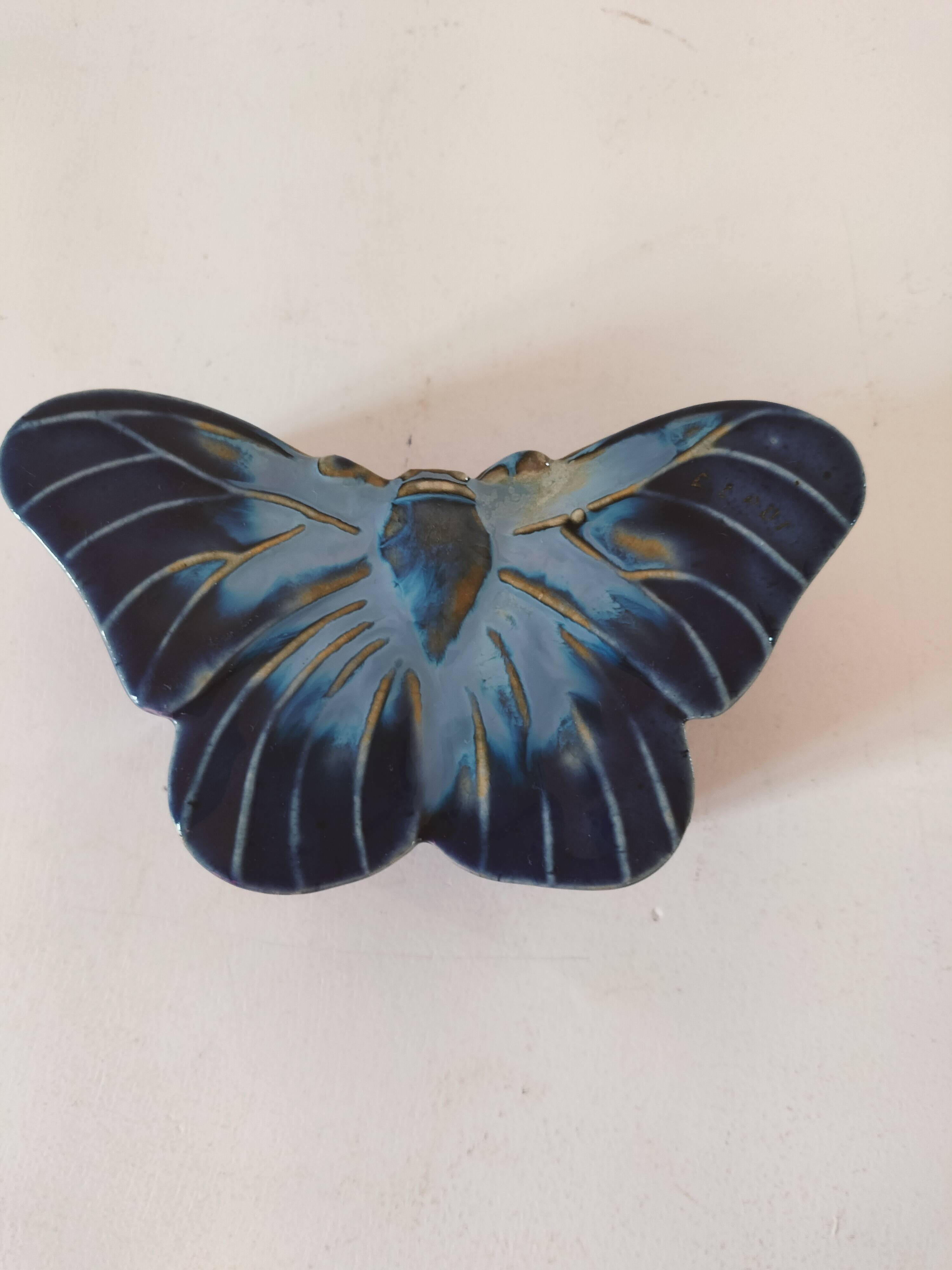 Vintage blue enameled ceramic butterfly box signed alpho