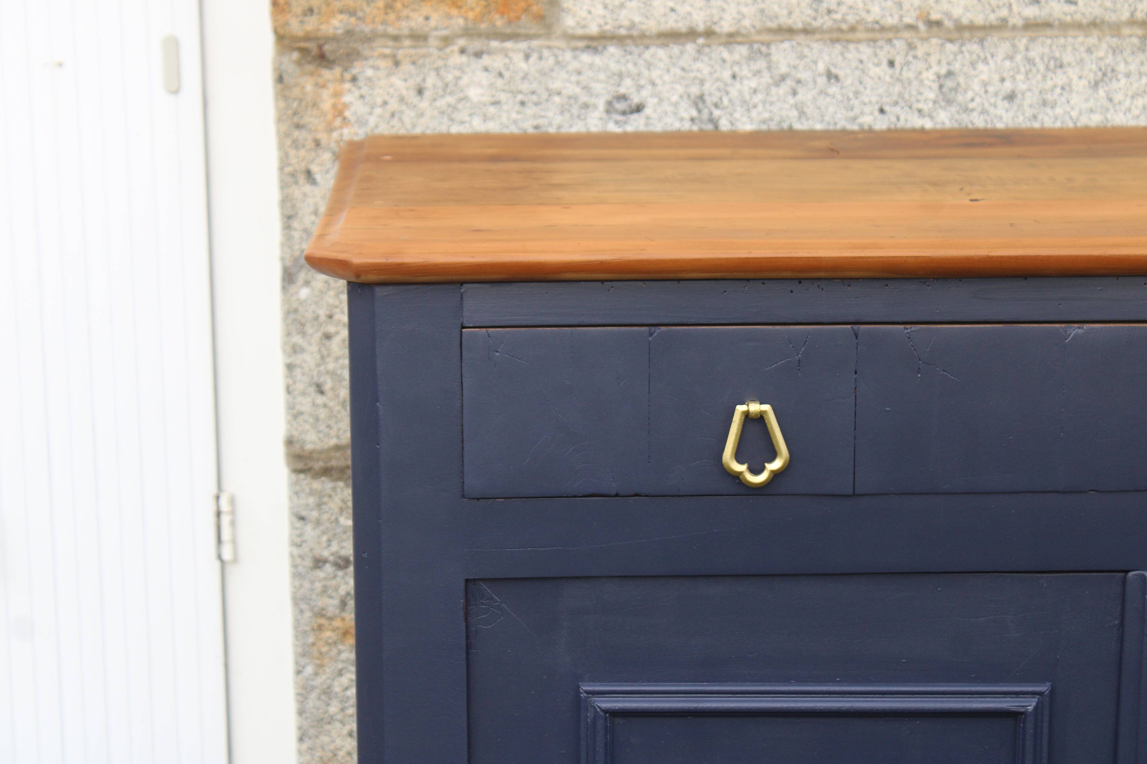 Antique solid wood sideboard – Deep blue & wooden top