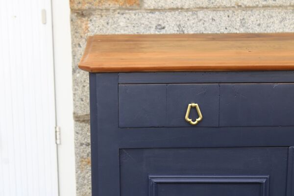 Buffet ancien en bois massif – Bleu profond & plateau bois