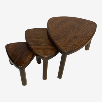 Set of 3 brutalist oak oval side or nesting tables 1960s