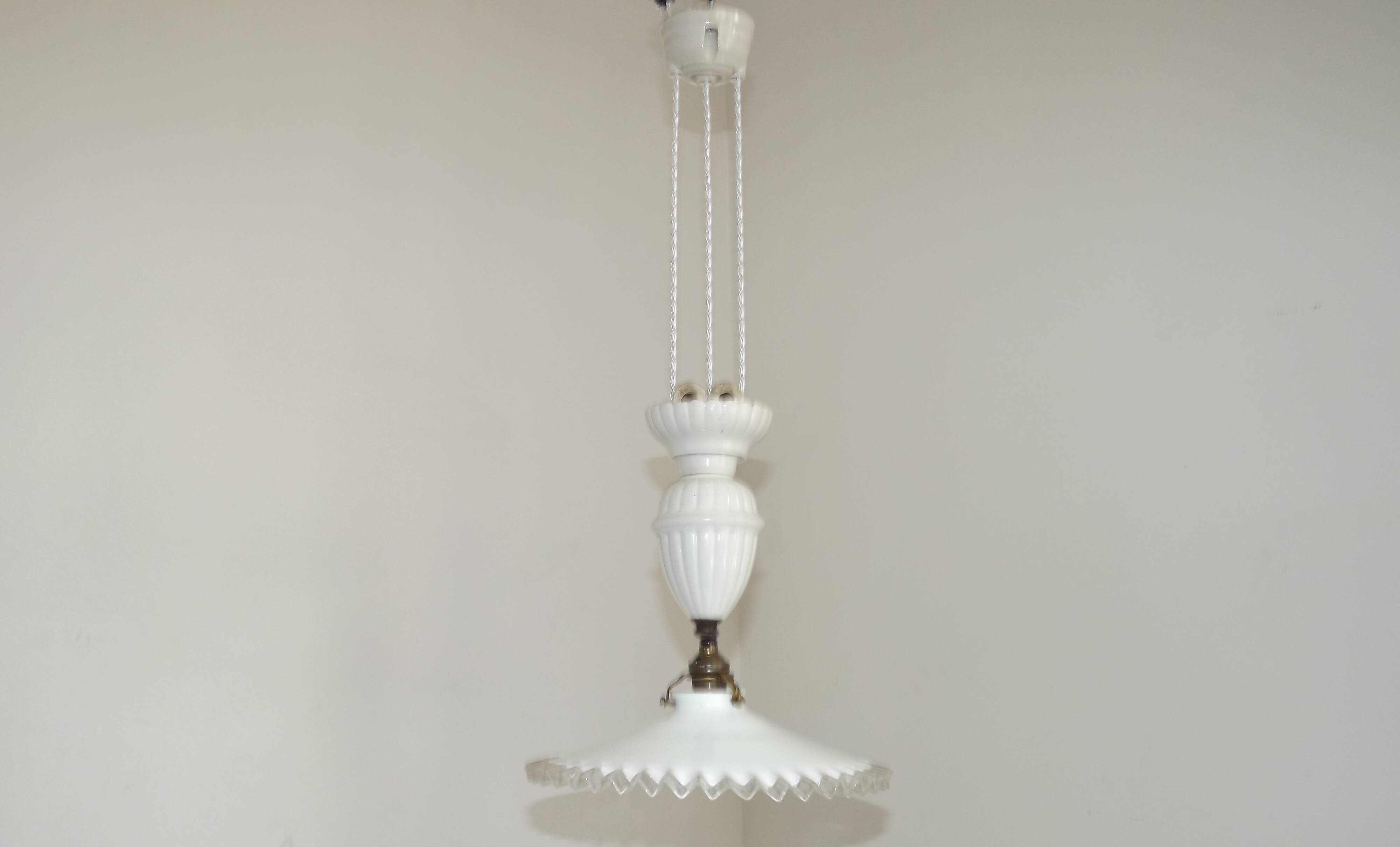 French Counter Balance Ceiling Light White Porcelain & Opaline Glass Shade
