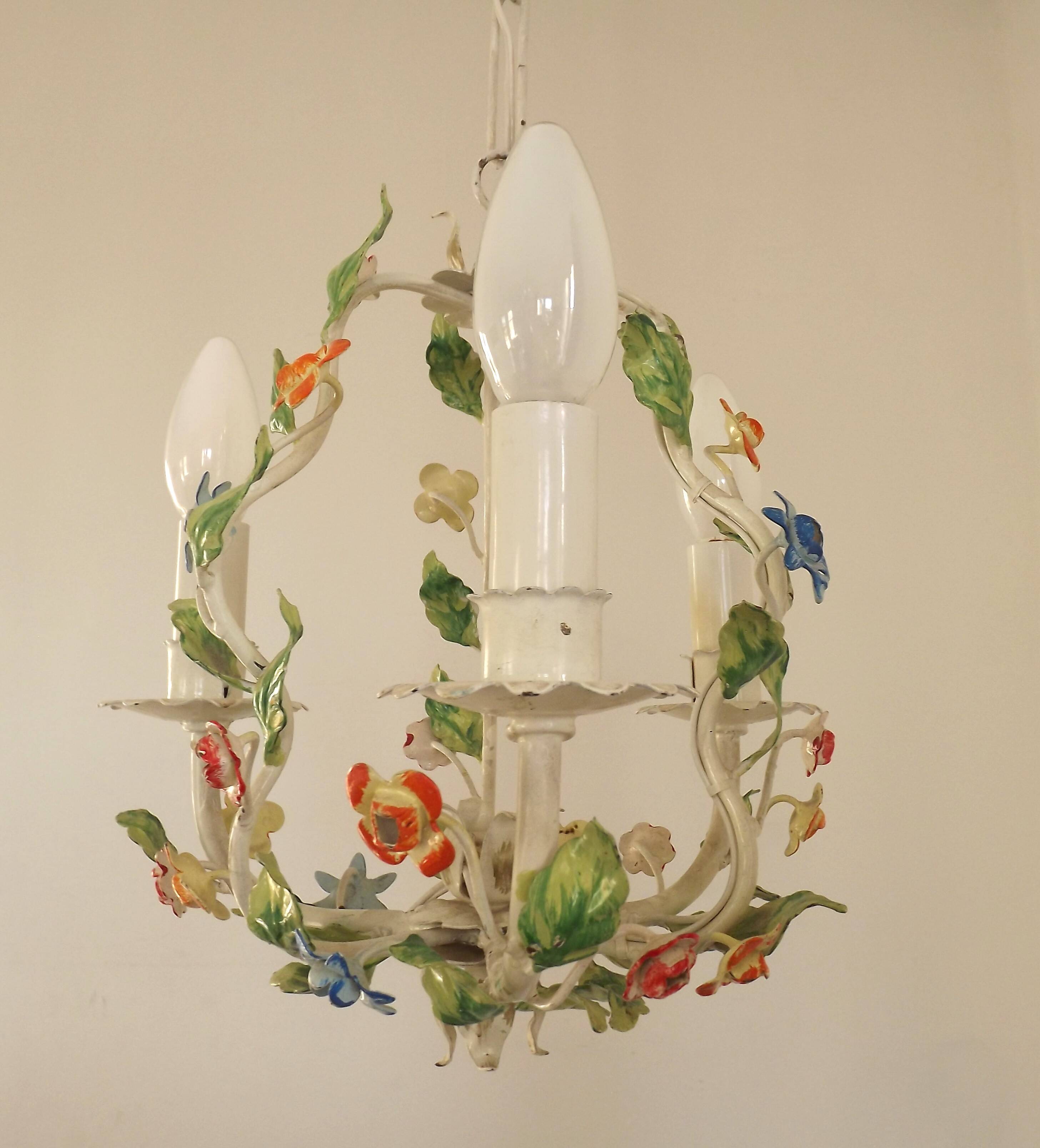 Romantic Vintage Italian Metal 3 Light Cage Chandelier Circa 1930s/40s