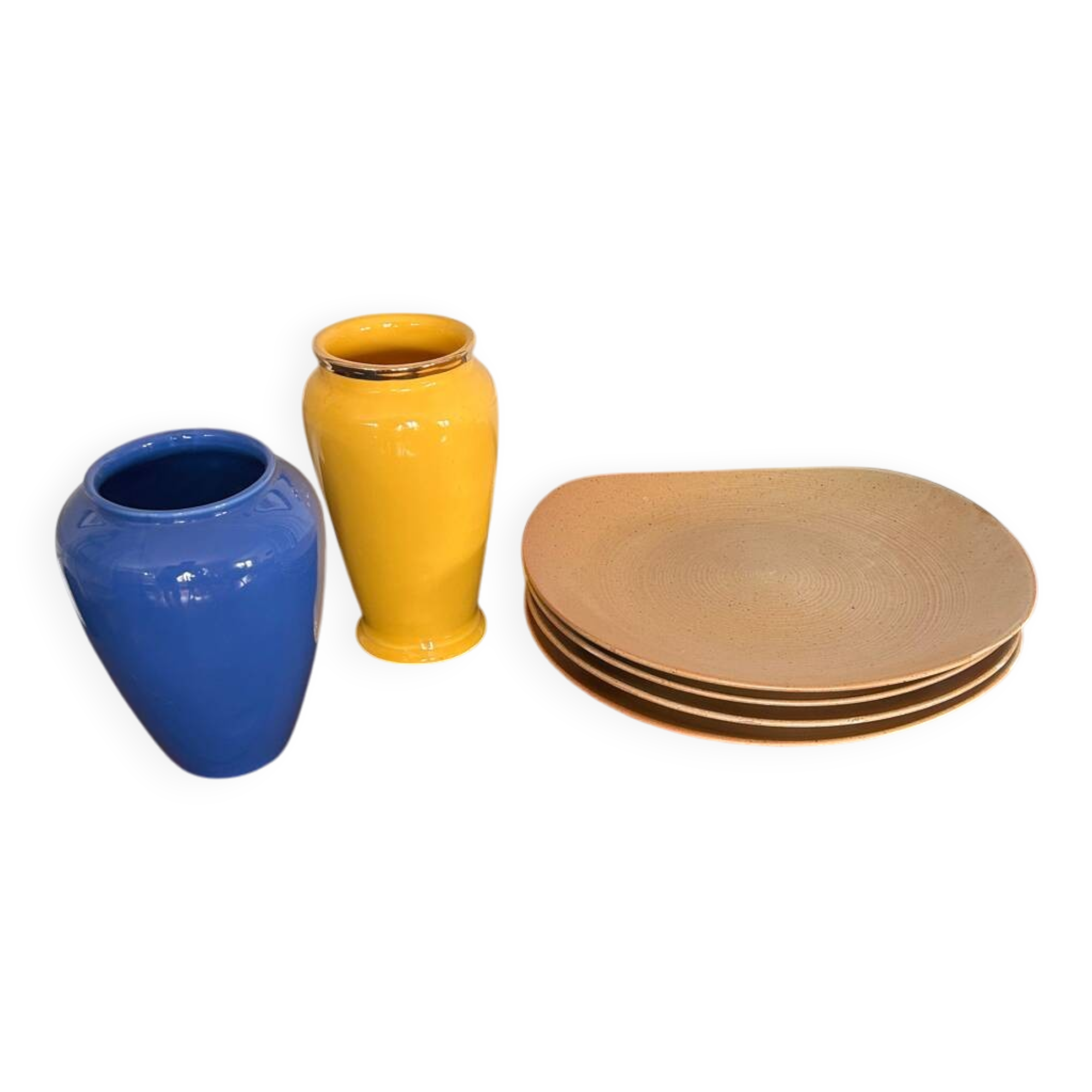 Lot grès et céramique – 2 vases vintage & 4 assiettes en grès spiralé