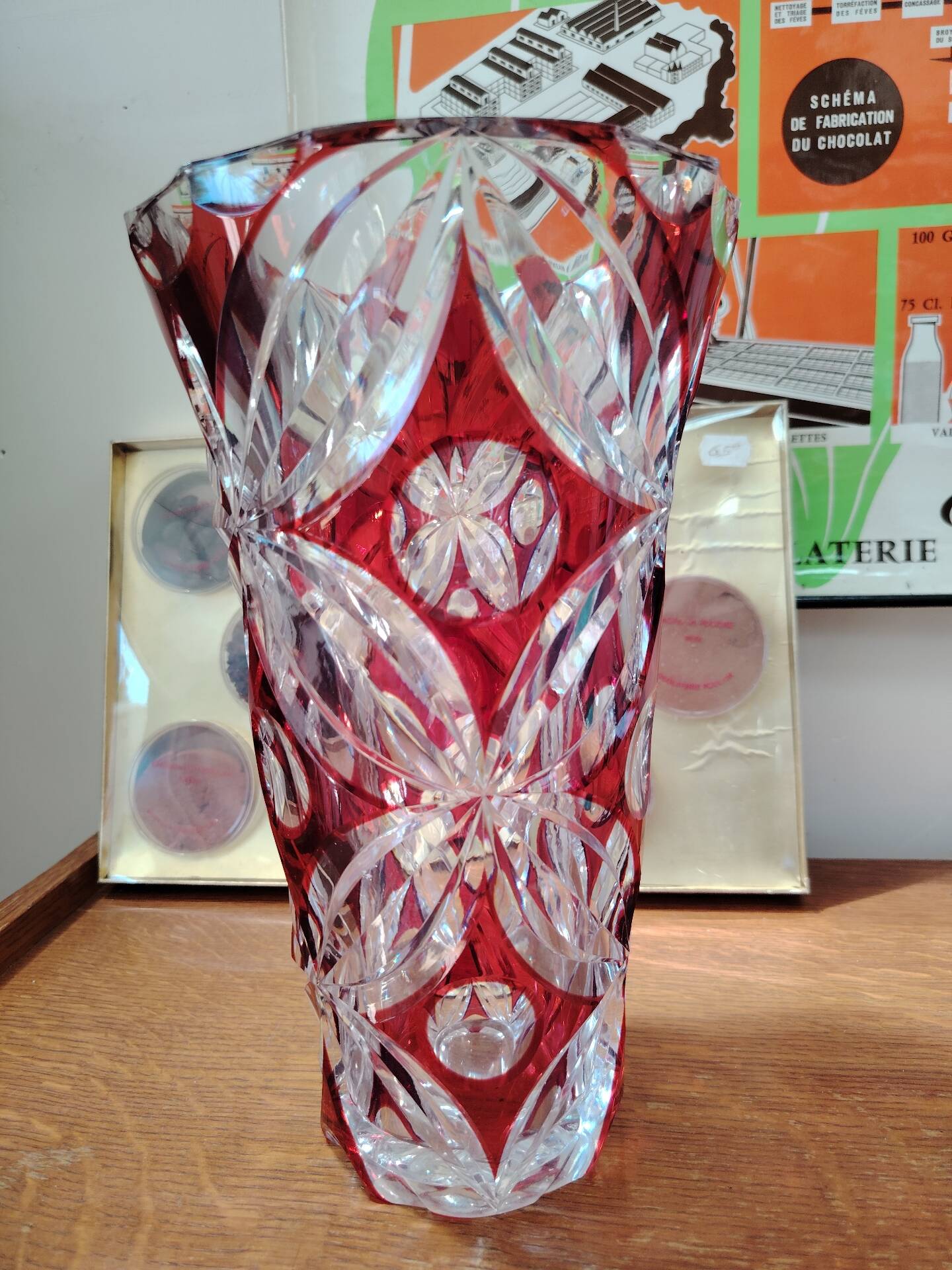 Large ruby red cut crystal vase, handmade, 1960.