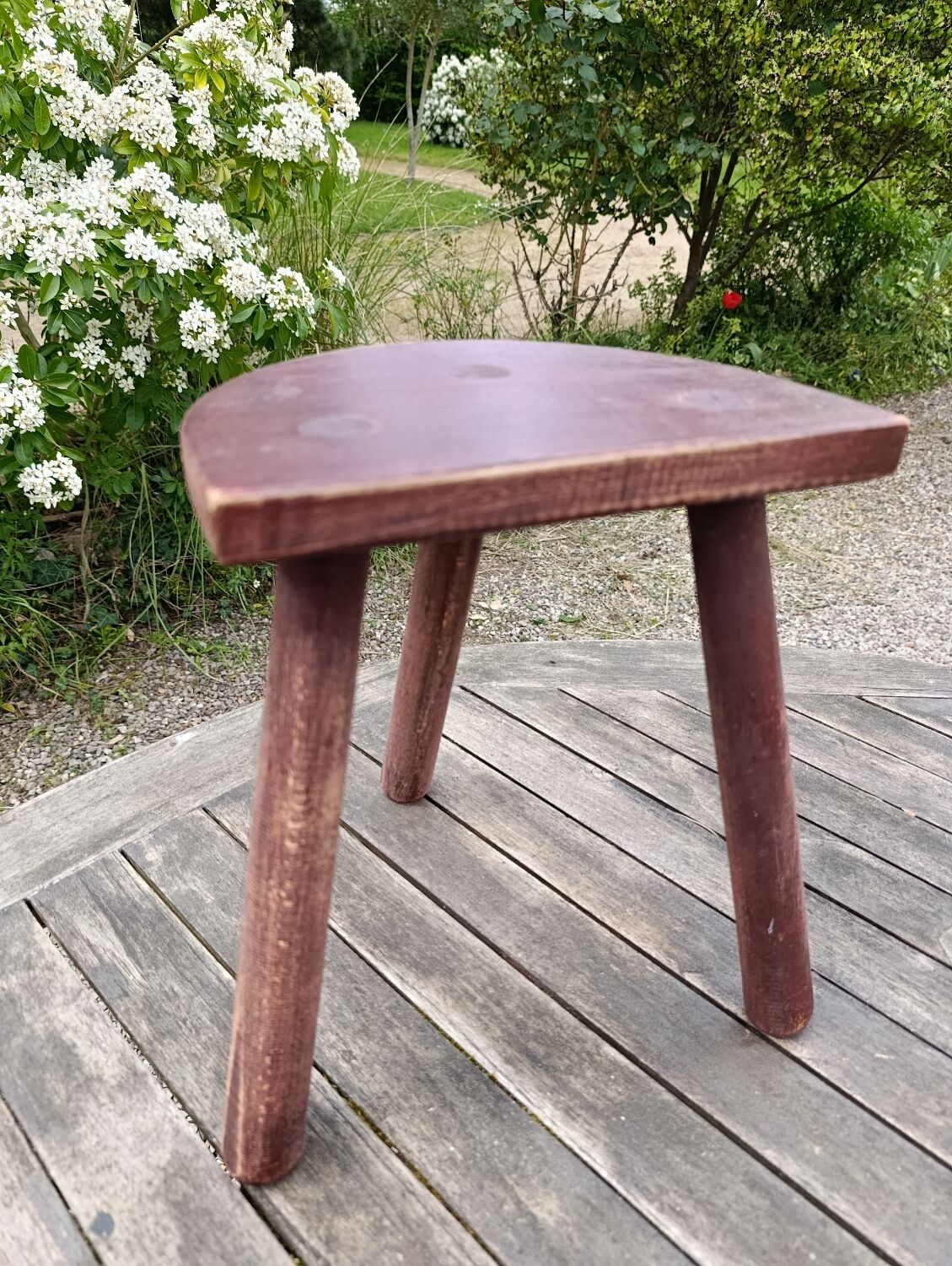 old wooden shepherd's stool tripod half-moon