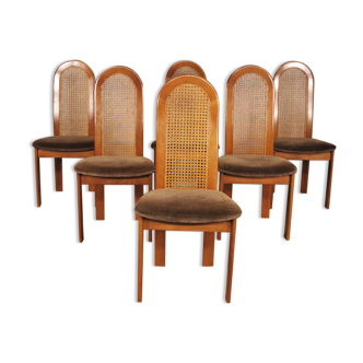 Chaises en hêtre avec dossier en paille Vienne et siège en tissu, années 1970, ensemble de 6