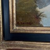 Oil on cardboard by Paul Faugier riverside landscape with poplars