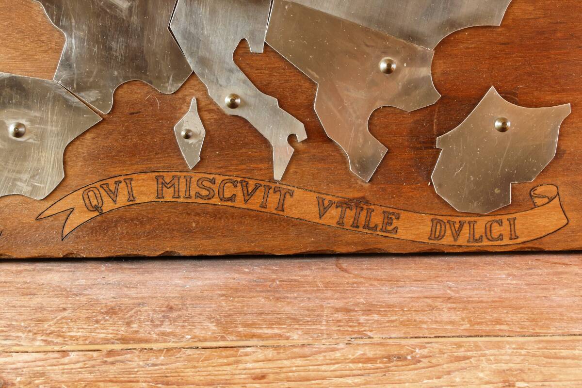 Wooden and stainless steel world map, folk art, 1974