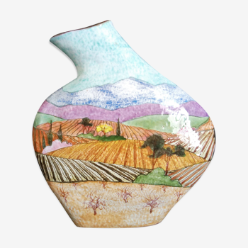 Vase Art Déco en grès, peint à la main d'un paysage champêtre