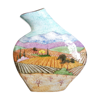 Art Deco stoneware vase, hand-painted with a country landscape