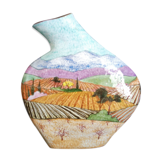 Art Deco sandstone vase, hand-painted of a country landscape