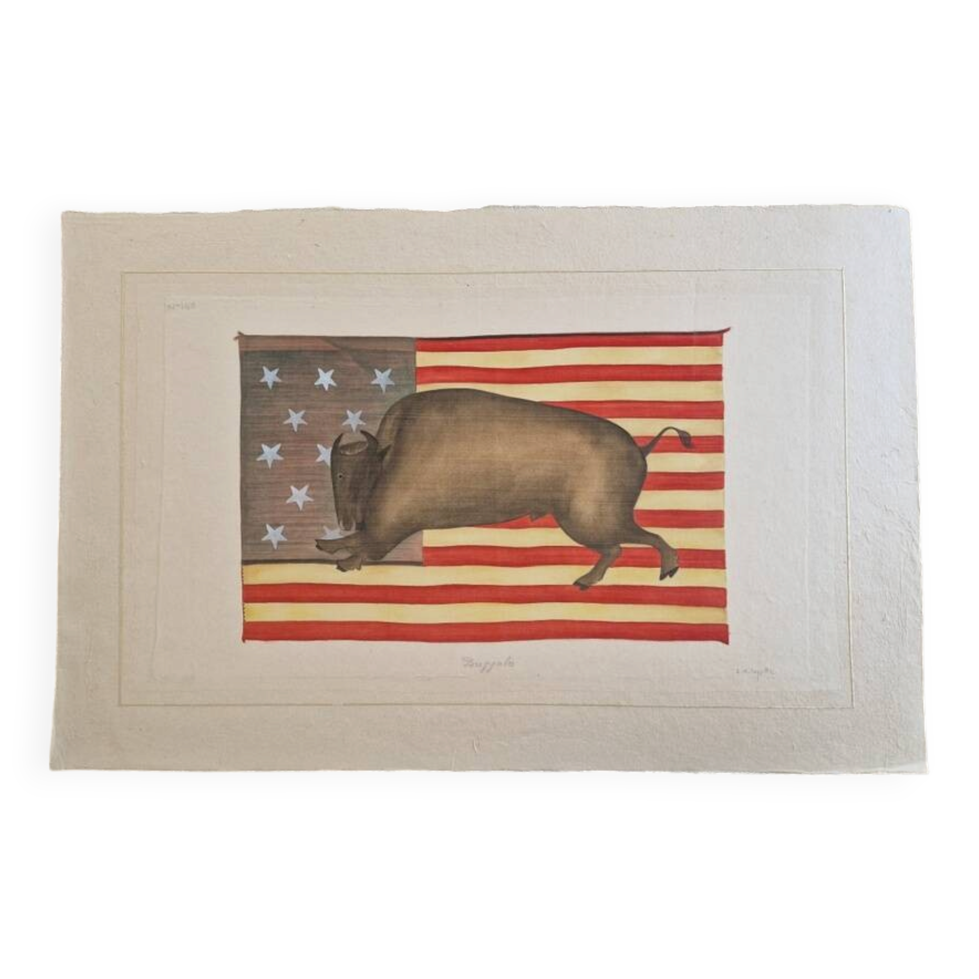 La Roche Laffitte (Born in 1943) - Watercolour drawing on silk - Buffalo