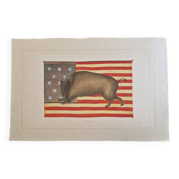 La Roche Laffitte (Born in 1943) - Watercolour drawing on silk - Buffalo
