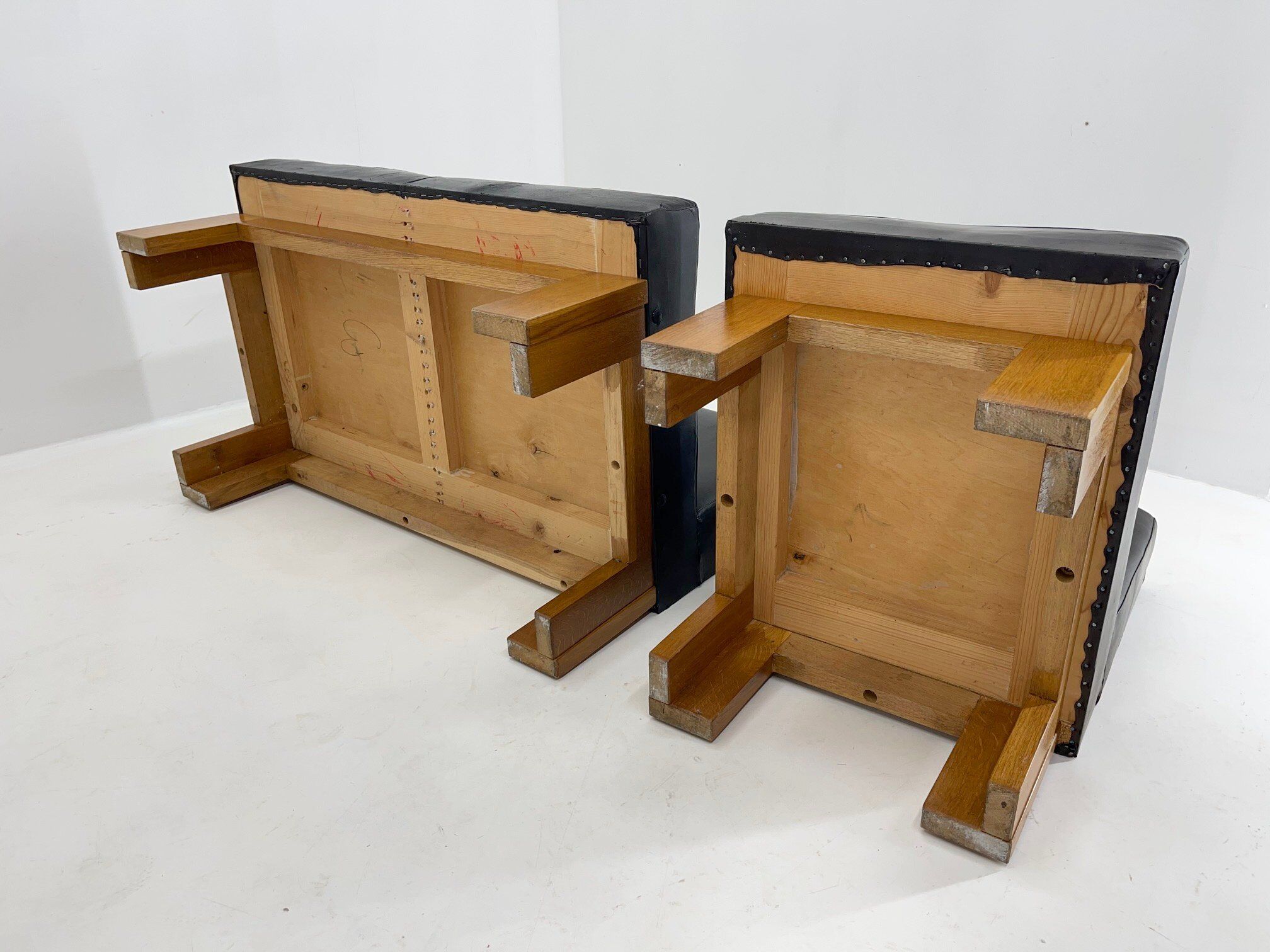 Leather & Oak Wood Modular Sofa and Chairs, 1970's