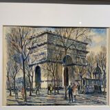 Tableau ancien , aquarelle de l´arc de triomphe signée , XX siècle