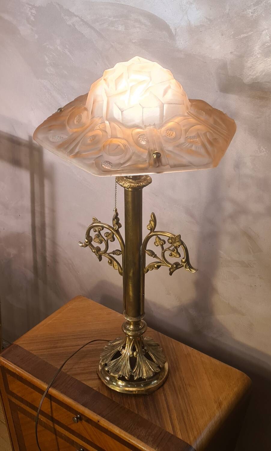 art nouveau bronze and brass lamp and lampshade signed opaque pink degue