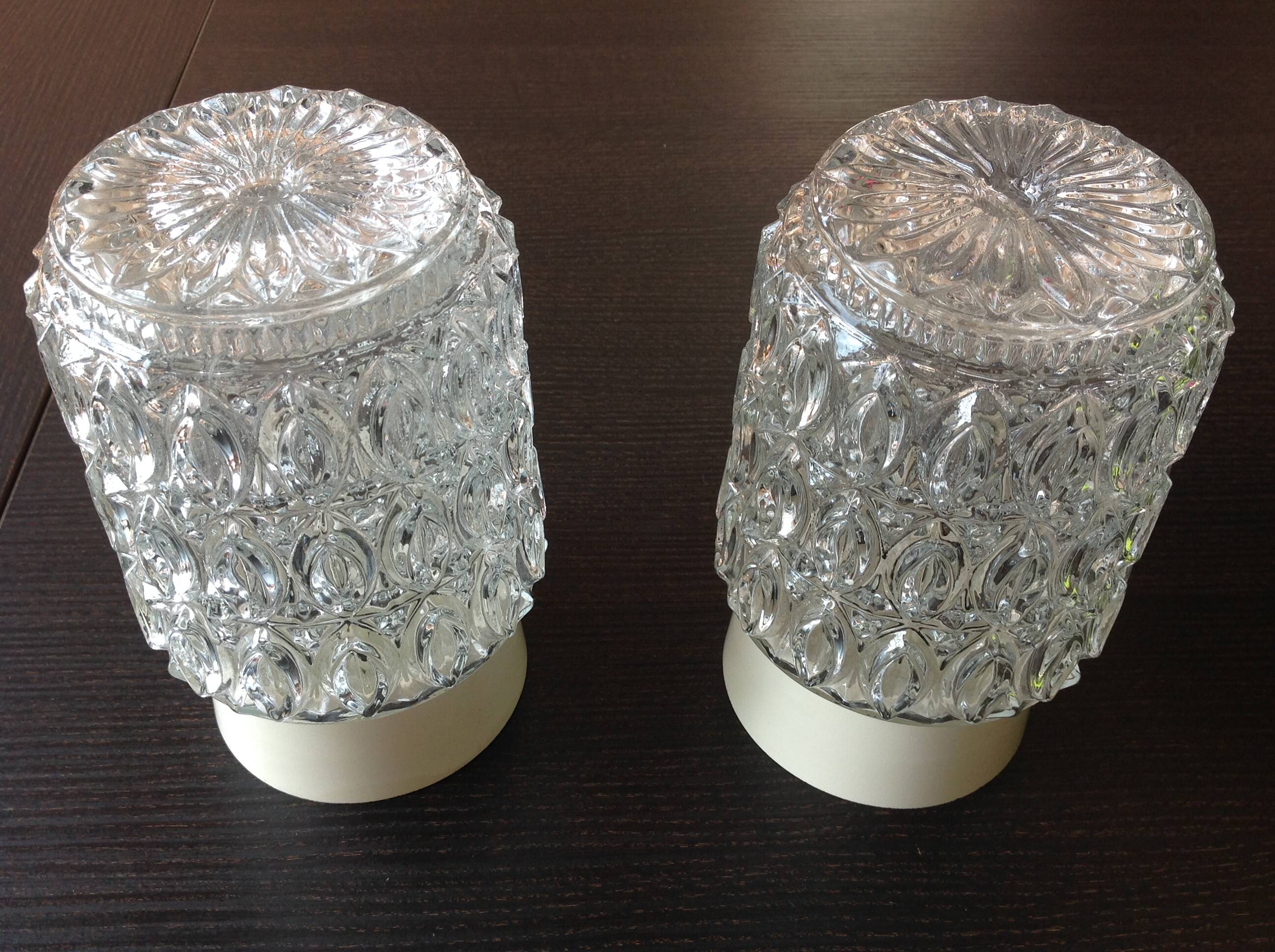 Pair of cylindrical structured glass ceiling lights / vintage 60s-70s