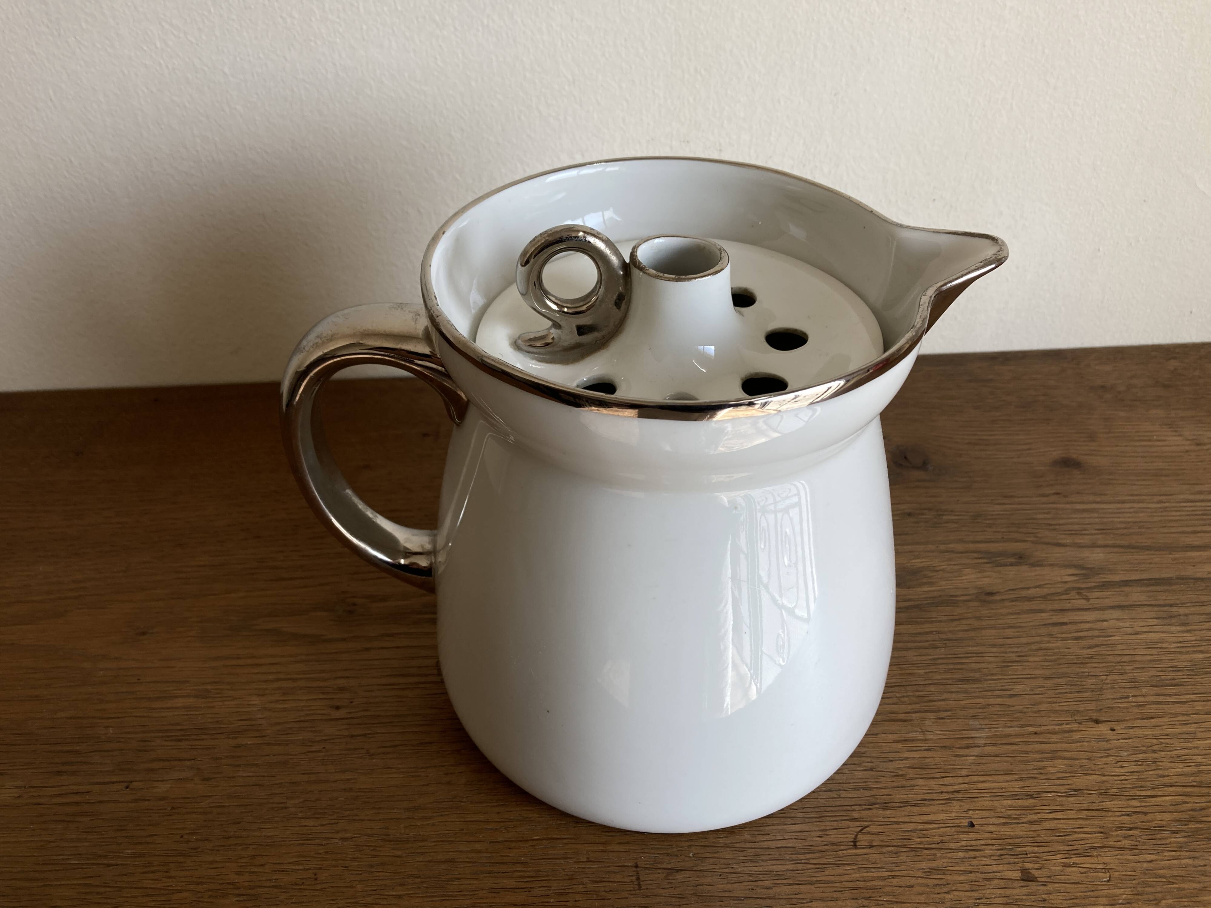 XXL modernist flowerpot pitcher vase in platinum and white porcelain