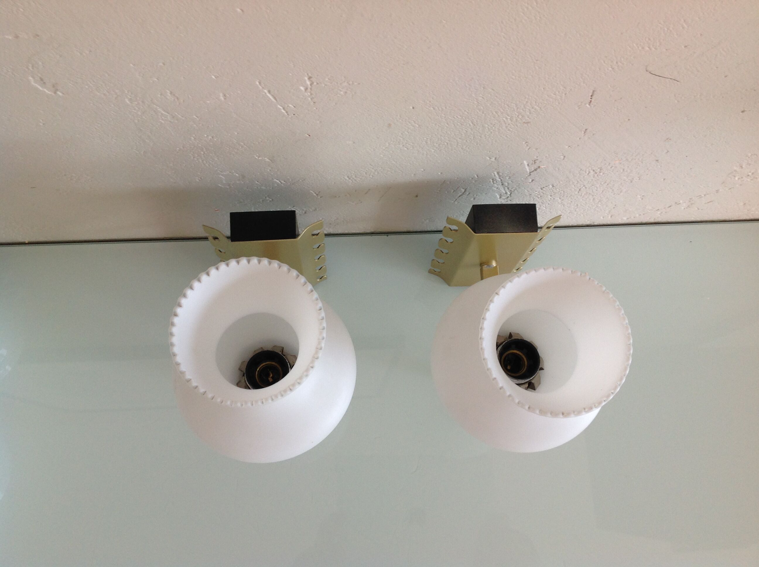 Pair of red copper and white opaline sconces 60s-70s