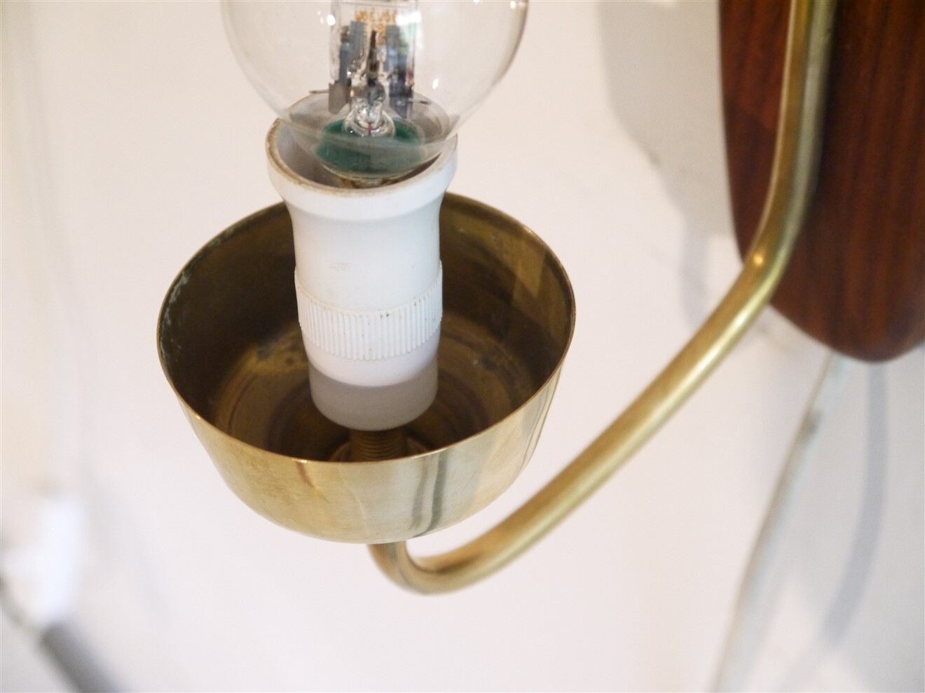 Pair of Danish wall lamps in teak and opaline 1960