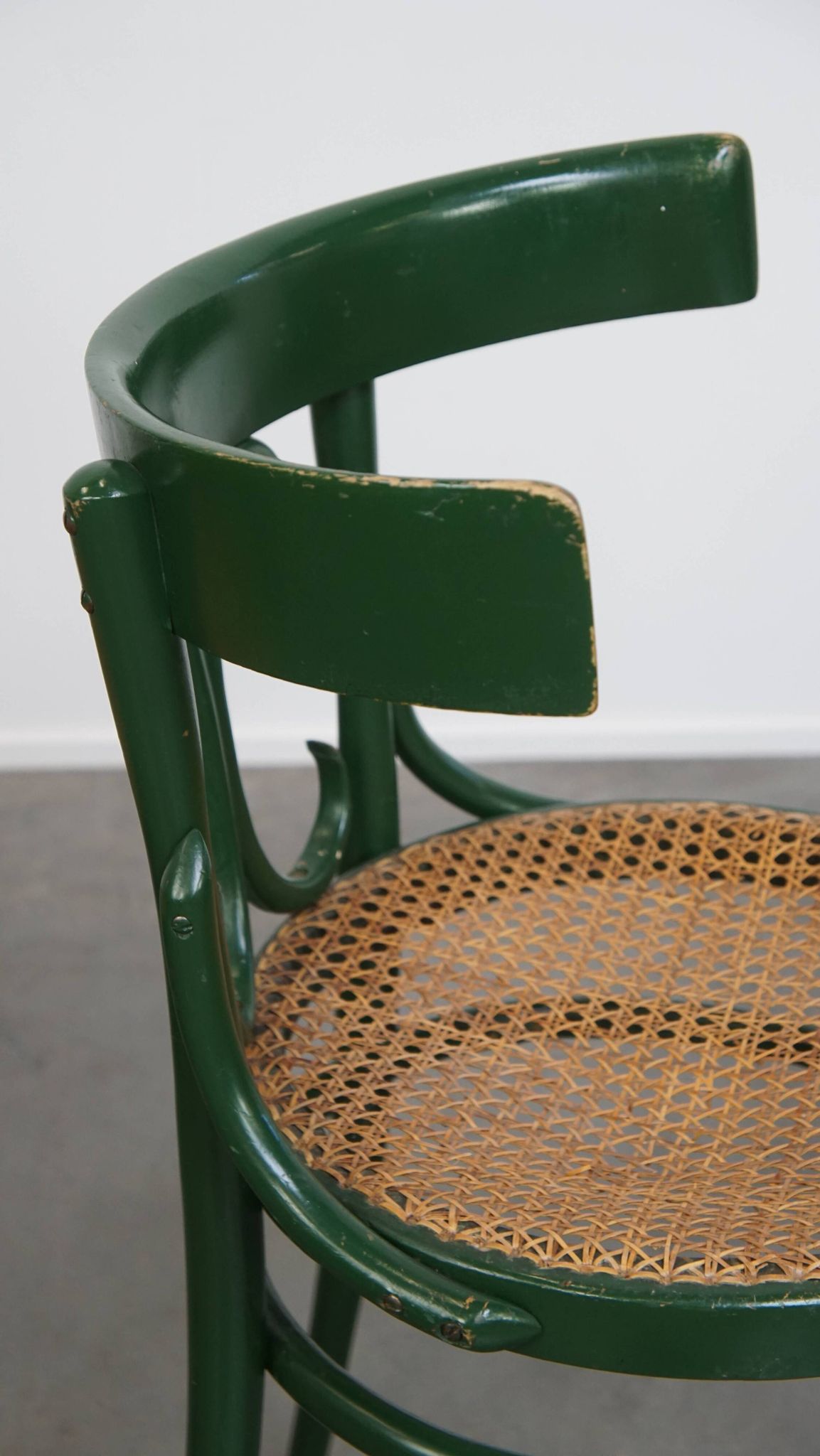 Set of 4 Green Vintage Bistro Chairs with Woven Rattan Seats