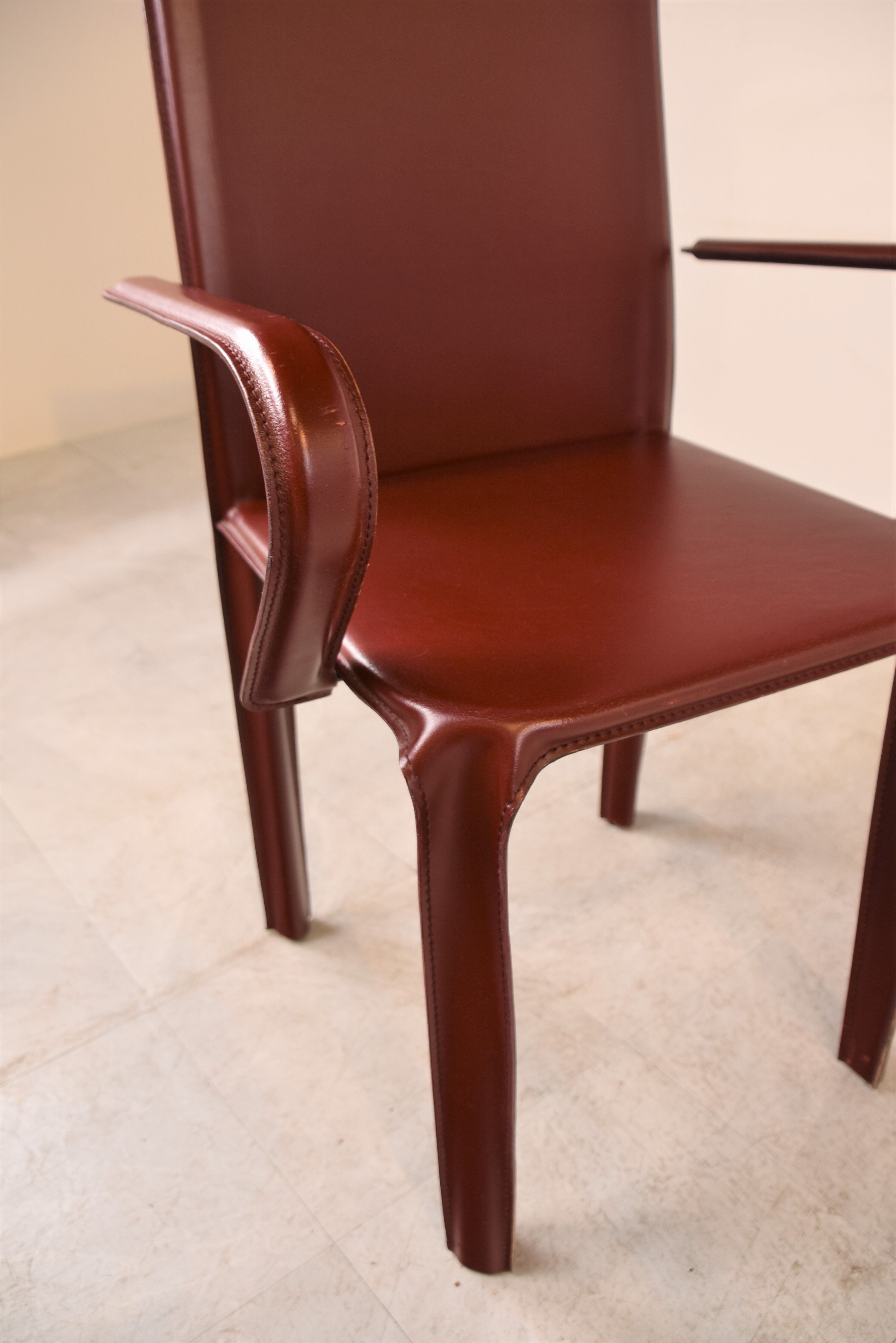 4 red leather dining chairs by Arper italy, 1980s