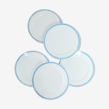 Lot de 5 assiettes plates à damier bleu, Sarreguemines 19ème