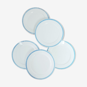Set of 5 flat plates with blue checkerboard, Sarreguemines 19th