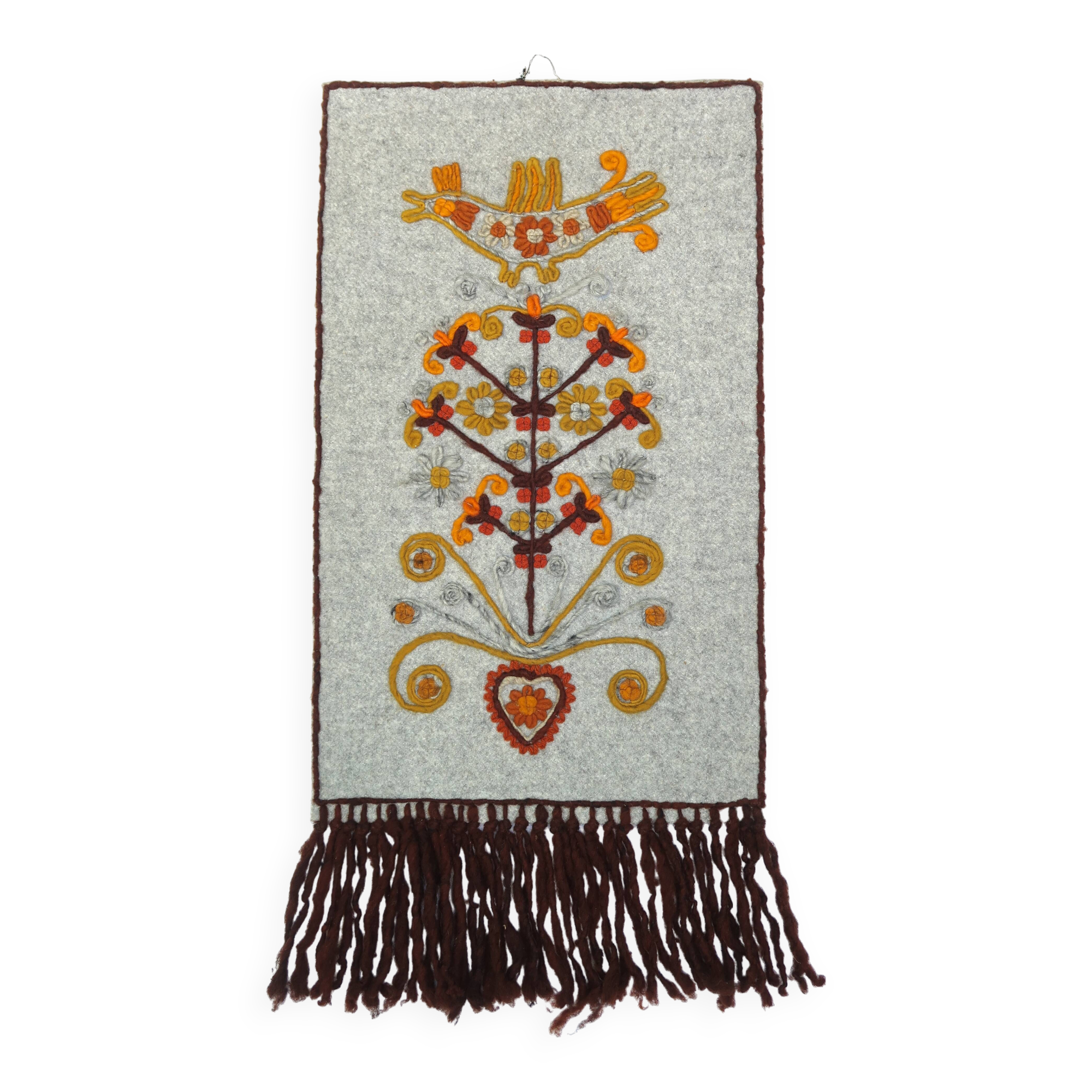 Polish wool wall tapestry with floral decor, 70s