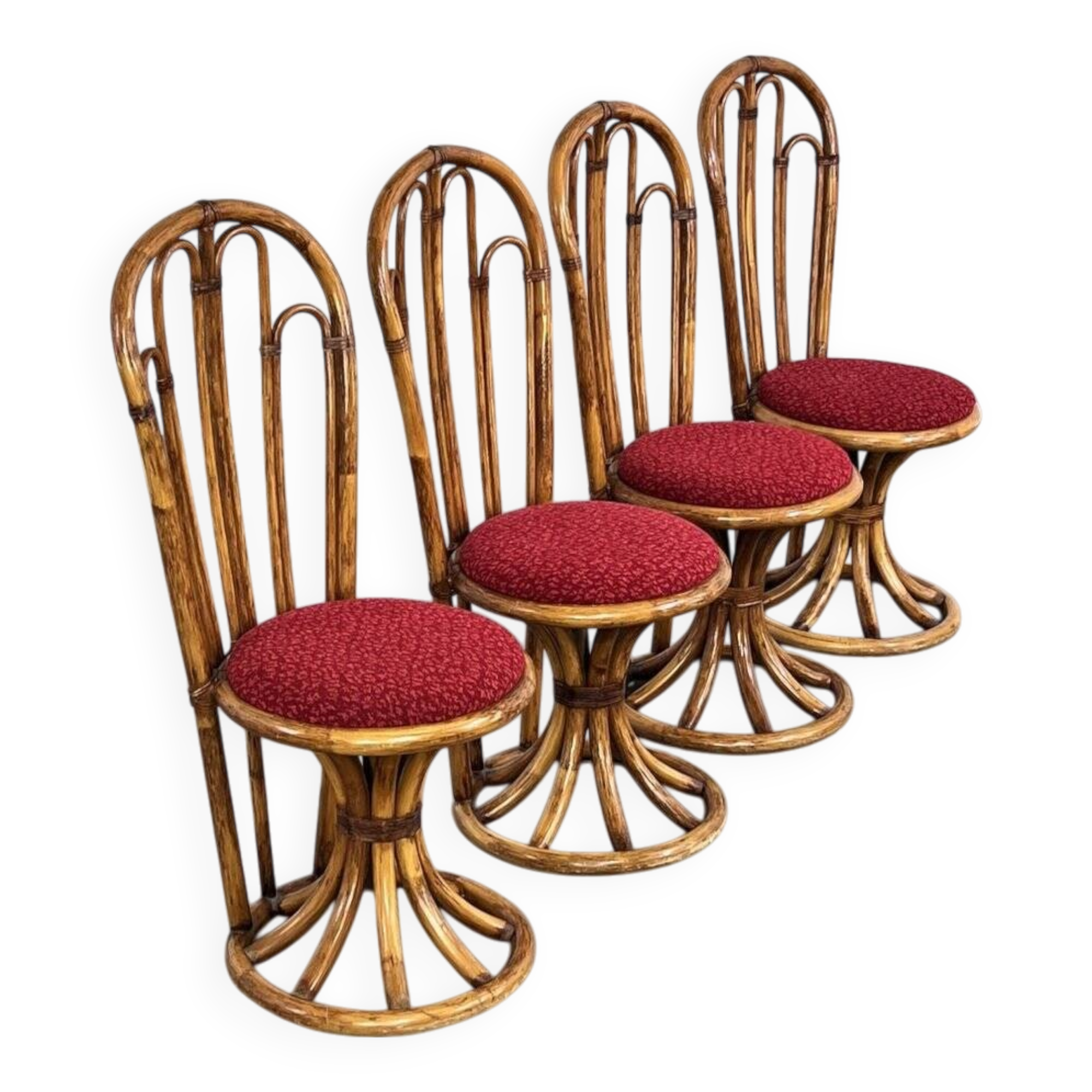 Rattan and fabric chairs, 60s-70s, set of 4