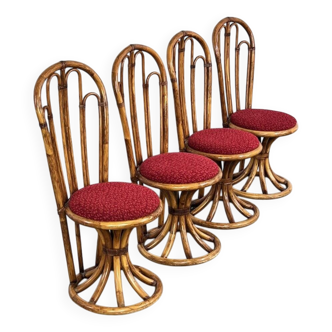 Rattan and fabric chairs, 60s-70s, set of 4