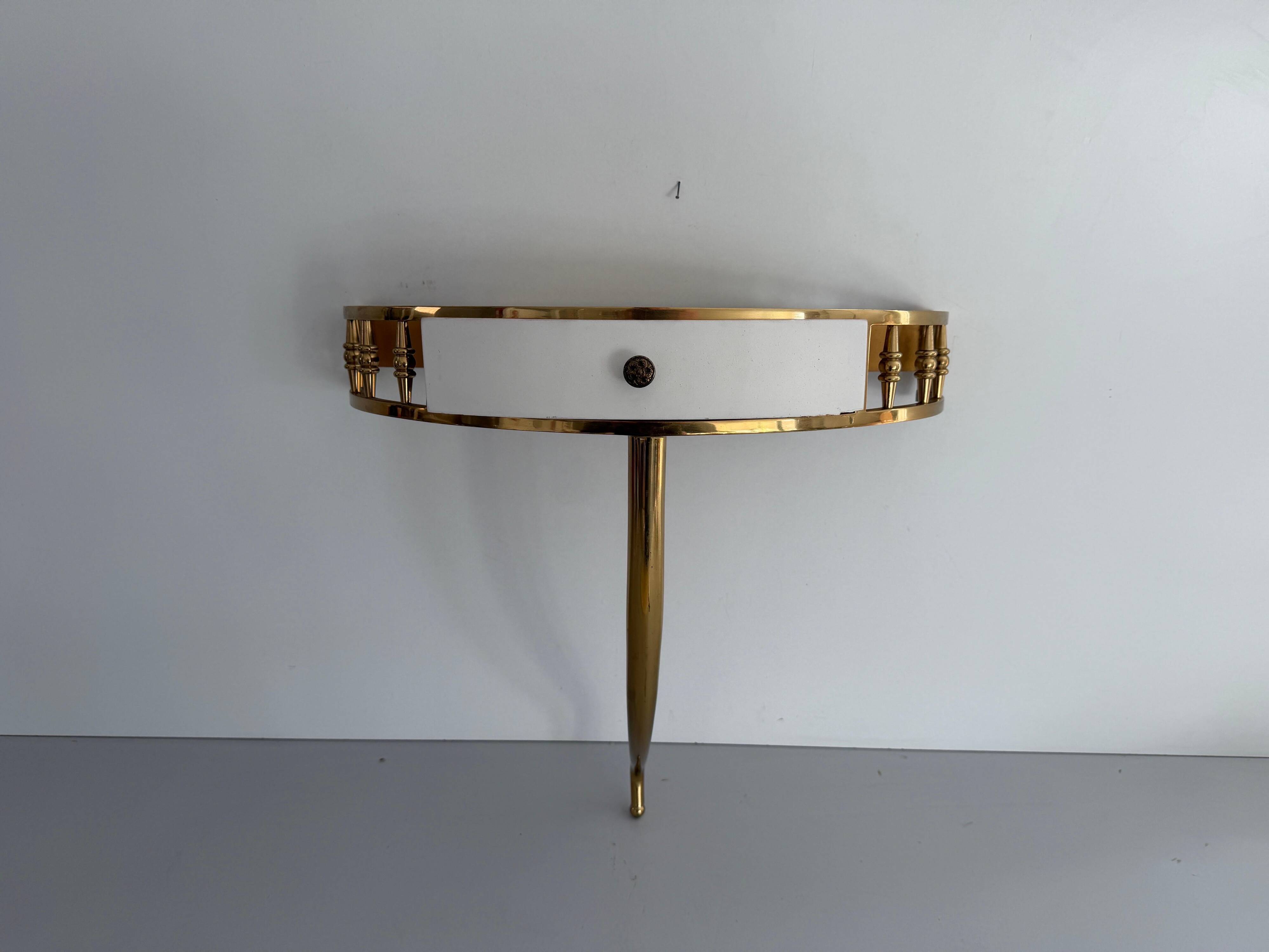 Floating wall console with drawer, brass body and marble top, 1960s, Italy