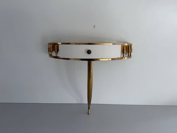 Console murale flottante avec tiroir, corps en laiton et plateau en marbre, années 1960, Italie