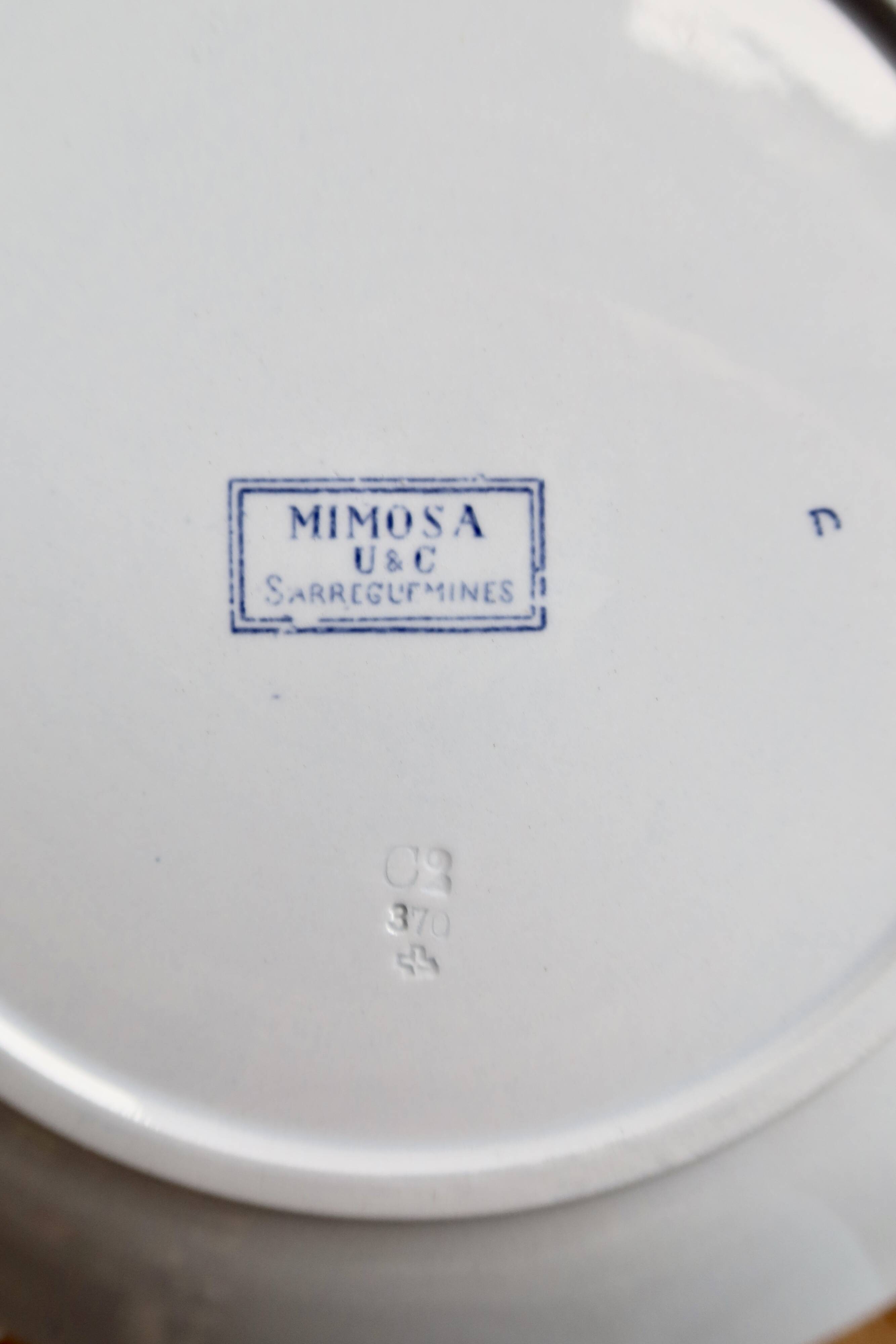6 antique flat plates from Sarreguemines U&C in the Mimosa blue pattern.