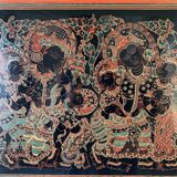 Large rectangular tray in lacquered and engraved wood decorated with characters. Burma, circa 1970.
