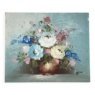 Huile sur panneau, , Bouquet de fleurs, signature à identifier