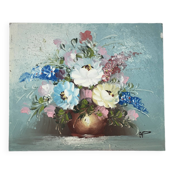 Huile sur panneau, , Bouquet de fleurs, signature à identifier