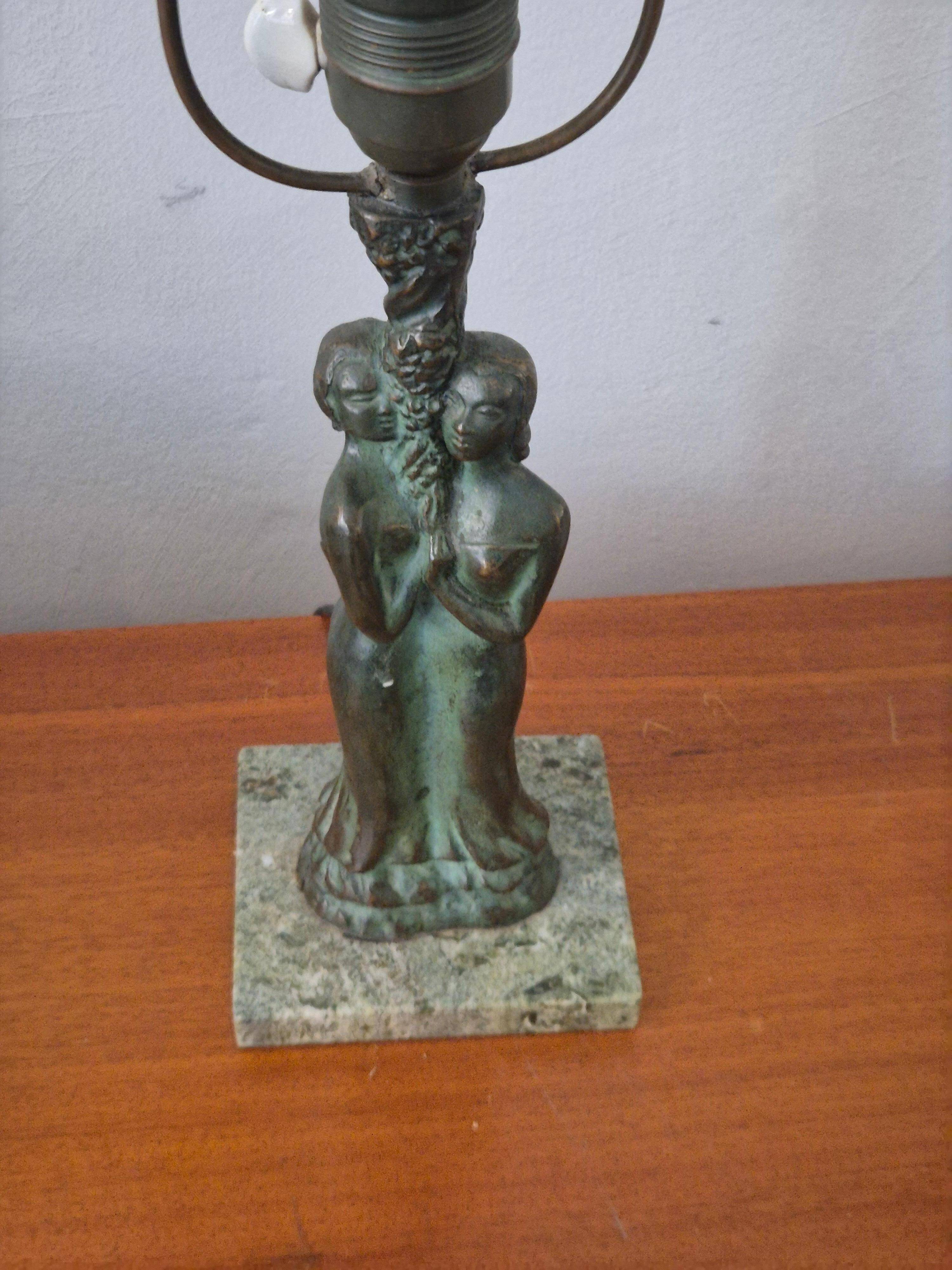 Bronze Table Lamp with Green Marble Base, Scandinavian Greene & Greene 1920/30s